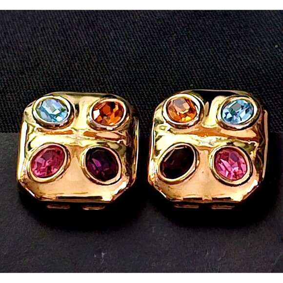 Vintage Gripoix Clip On Earrings Gold Tone Cabochon Glass Inlay Stones EUC! - Picture 5 of 11